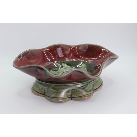 Pottery Bowl Red | Pottery Bowl Green| Wheel Thrown Whimsical Design | 8" - Picture 1 of 11